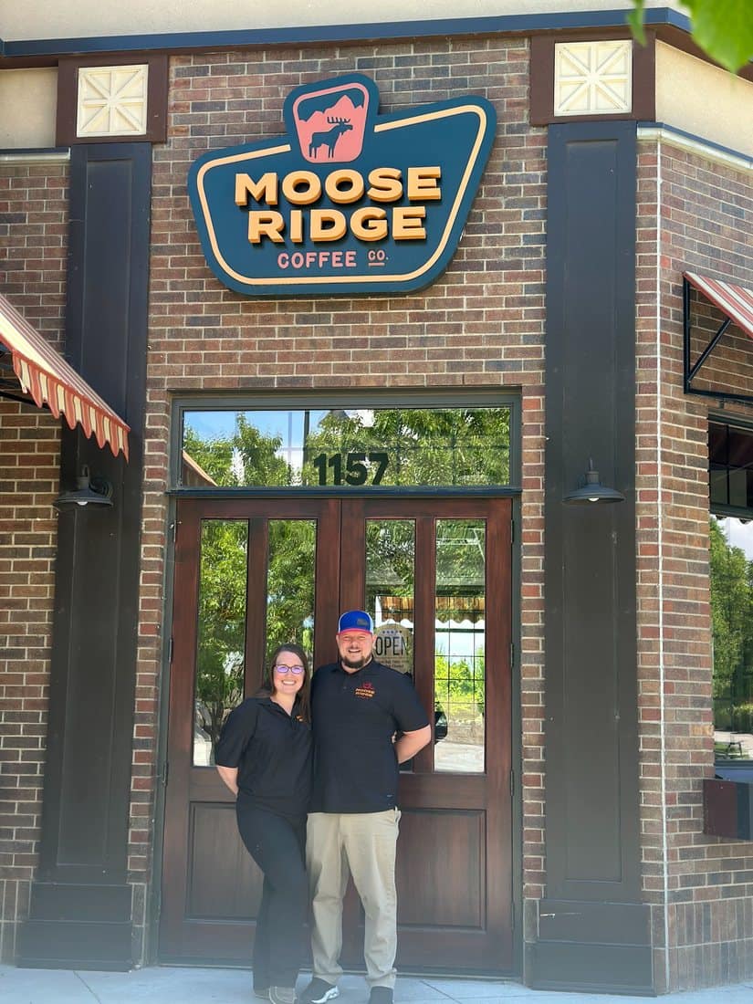 Kimberly and Beau, founders of Moose Ridge Coffee Co., outside the shop